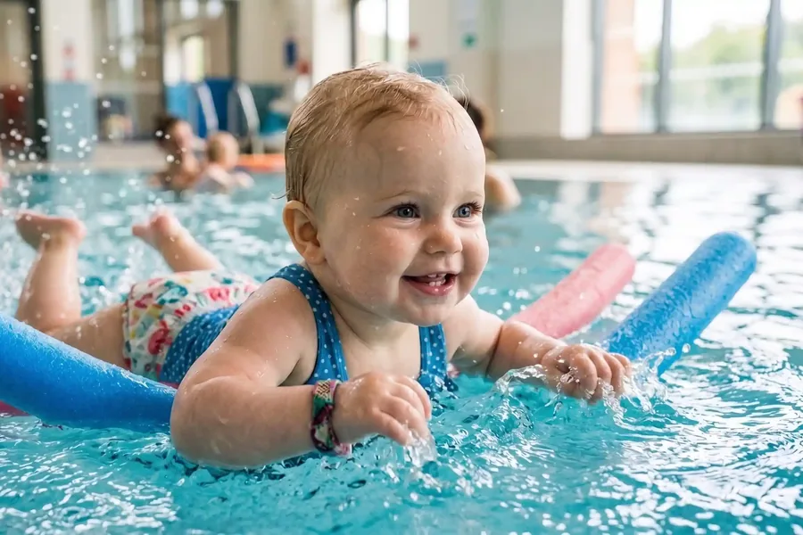 Un bebè sorride a pelo d’acqua appoggiato a un tubolare galleggiante, durante una lezione di acquaticità Acquababy in vasca coperta — Acquababy · Genitore-bebè (0-12 mesi)